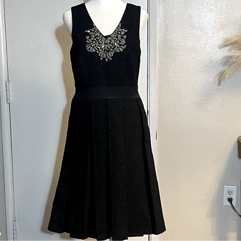 Black Beaded Midi Dress Pleated Skirt Size 2 Retro Vibe - Demoiselle